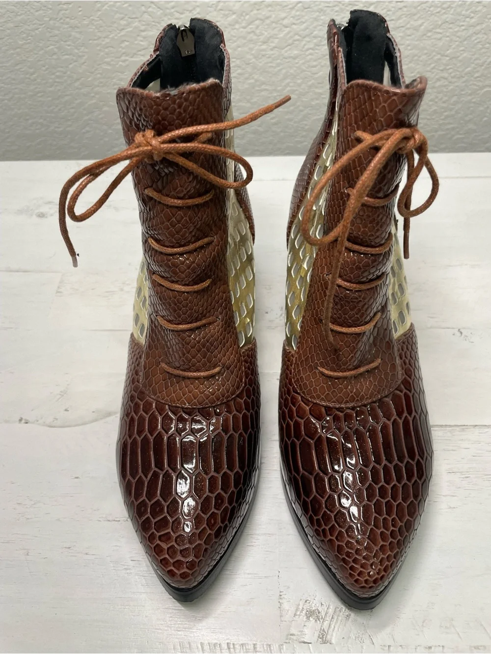 Joeusty Brown Snakeskin Print Lace-Up Cutout Ankle Boots | EU 40 / US 9